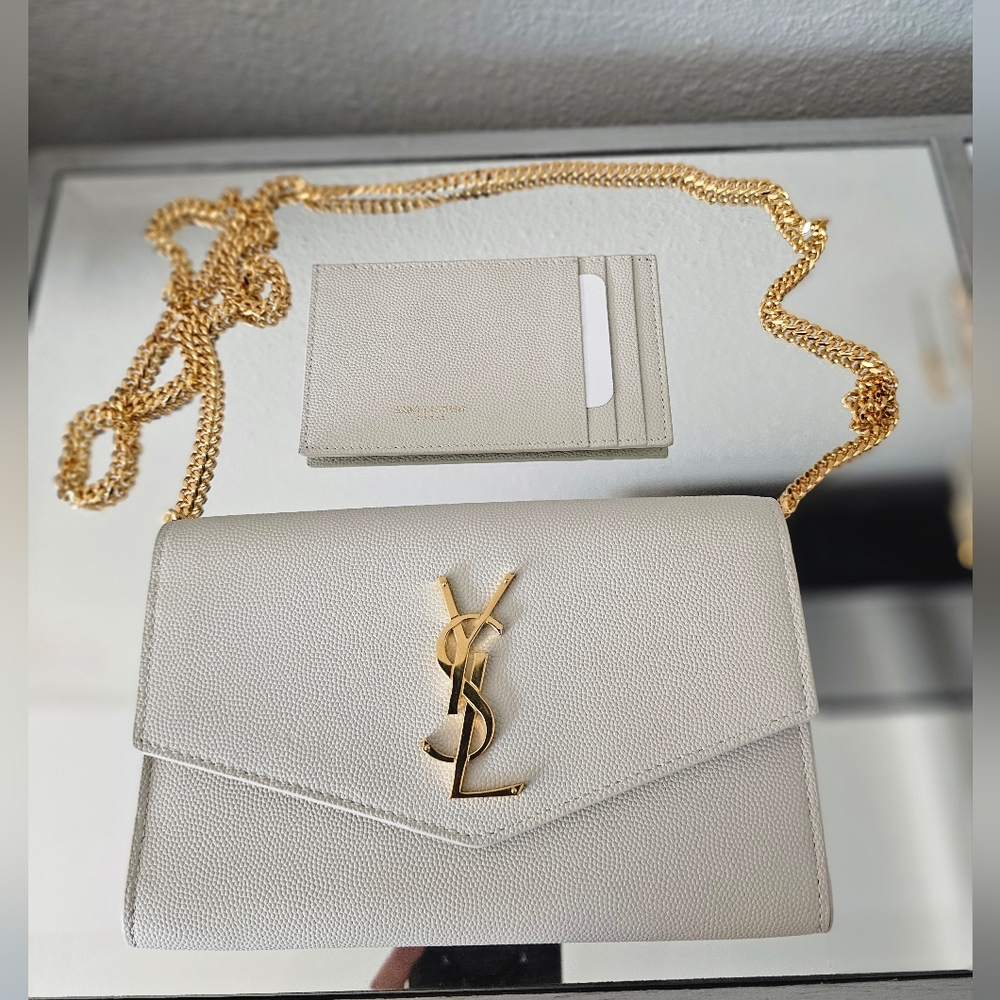 🍸💰​AUTHENTIC Saint Laurent UPTOWN CHAIN WALLET IN GRAIN DE POUDRE EMBOSSED COA